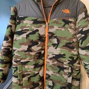 The North Face Gray and Orange Camo Fleece Reversible Jacket